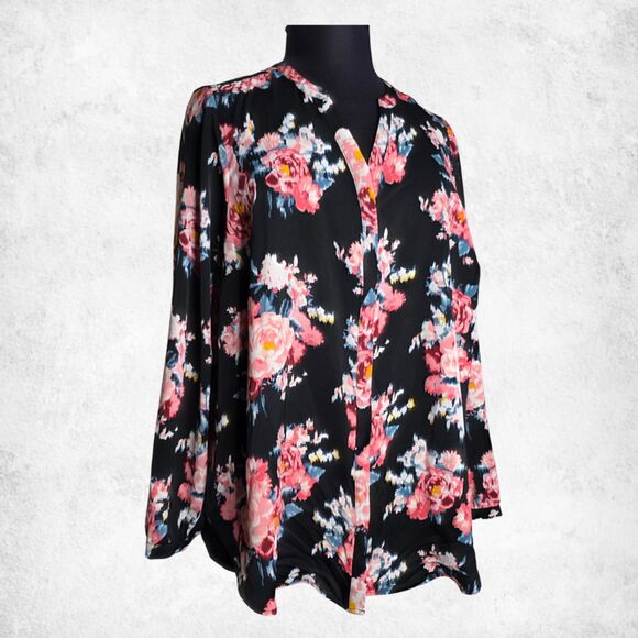 Torrid Floral Blouse 3X – Black Pink Rose Print Top Plus Size Long Sleeve - Picture 2 of 6